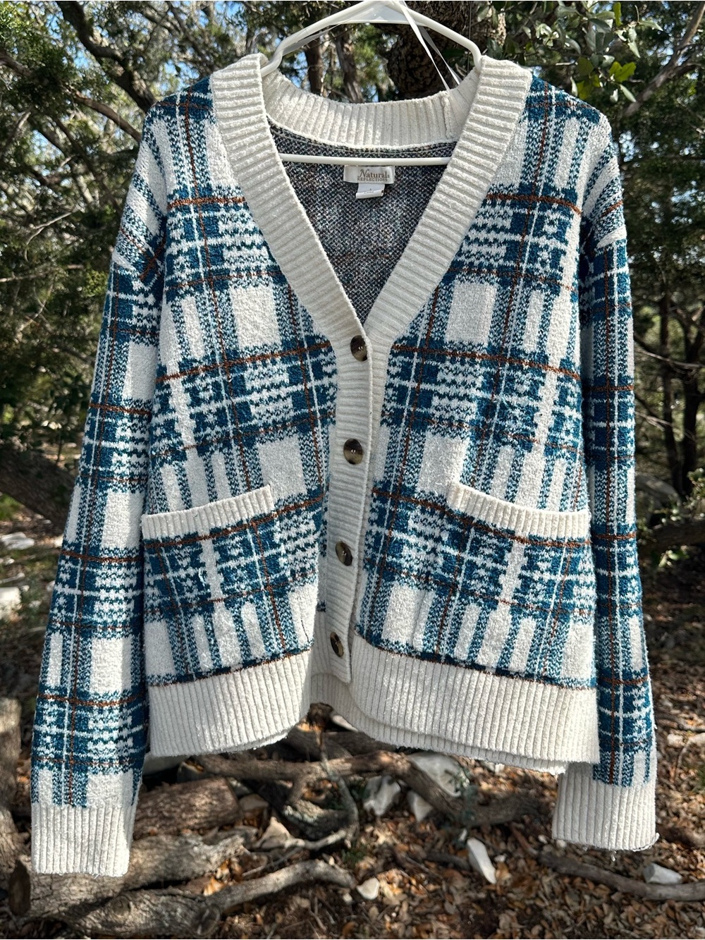 Blue and white cardigan